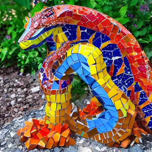 Image similar to mosaic sculpture of a alebrije chimera!!!, irregularly shaped mosaic tiles, hand glazed pottery shards, in a cottagecore flower garden