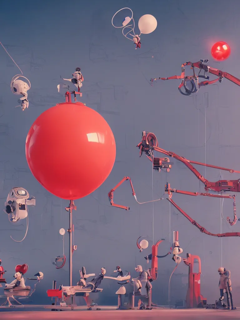 Prompt: graphic art of dystopian futuristic 1 0 mechanic surgeons astronauts, operate on a mickeymouse!!! head baloon float held by a crane. ominous glowing red netflix!!! sign in the background, trending on art station, beeple!!, clean concept art, smooth, octane render, minimal, brain exposed