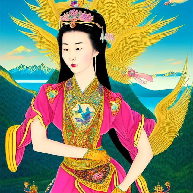 Image similar to portrait of a beautiful asian mongolian princess goddess spreading its wings, portrait of princess wearing a beautiful ornate crown, in the background lake baikal is seen, in the art style of bagshaw tom, by bagshaw tom