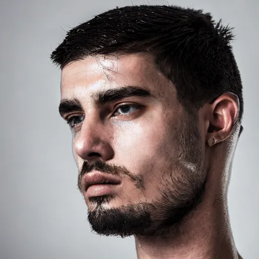 Prompt: a closeup photo of a male model with modern medieval haircut by boris bidjan saberi, 4 k, studio lighting, wide angle lens