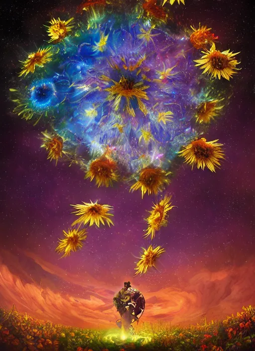 Image similar to An epic fantastic realism comic book style painting of the most beautiful spiraling flowers launched across the dark and starry night sky, nebulous bouquets, fisheye lens, unreal 5, DAZ, hyperrealistic, octane render, dynamic lighting