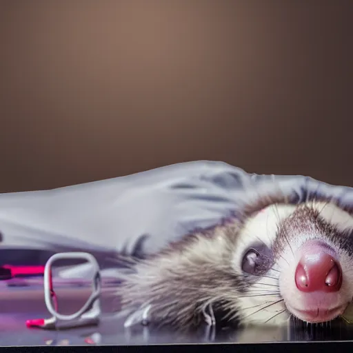 Image similar to anthropomorphic opossum wearing human clothes, laying dead on its back on a coroner's table in a morgue, bright florescent lighting, scientific and medical equipment in the background, zoomed out, movie still, photograph, 4k