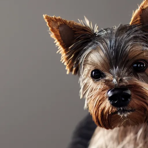 Image similar to a closeup photorealistic illustration of a smiling knitted yorkshire terrier. this 4 k hd image is trending on artstation, featured on behance, features intricate detail