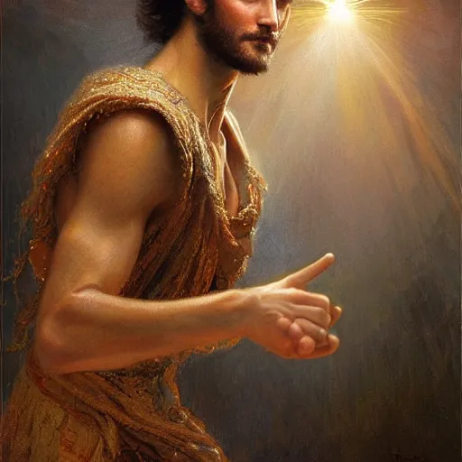 Image similar to a handsome slender young man with wavy brown hair summons a ball of light into his hand. urban fantasy. modern. dramatic. cinematic. holy. saintly. demigod. lord of light. detailed. sharp. photo realistic. realism. gaston bussiere. geoffroy thoorens