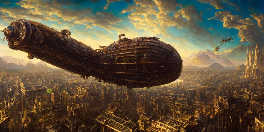 Prompt: balanced masterpiece, steampunk airship above a busy city, exquisite details, denoised, mid view, distant mountains, epic natural light, bright clouds, luminous sky, outer worlds, bright cinematic lighting, art frahm, michael cheval, michael whelan, airbrush digital oil painting, vray, 8 k hd