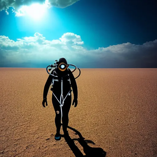 Image similar to a scuba diver walking in the desert, photography, highly detailed, high quality, 8 k, soft lighting,