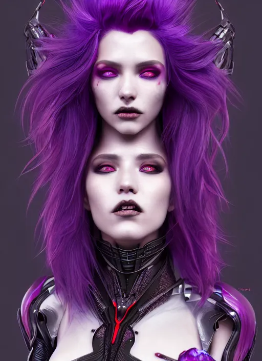 Prompt: a photorealistic detailed image of a beautiful stoic vampire in sci - fi bionic armor with purple hair, black and red, intricate, elegant, highly detailed, digital painting, artstation, concept art, smooth, sharp focus, illustration, art by hana yata, artem demura, alphonse mucha, octane render, unreal engine, 8 k