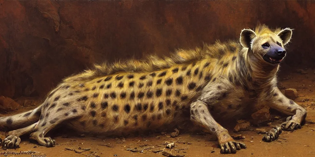 Image similar to an exhausted hyena wearing tshit and jeans sitting on the floor. highly detailed painting by gaston bussiere, craig mullins, j. c. leyendecker 8 k