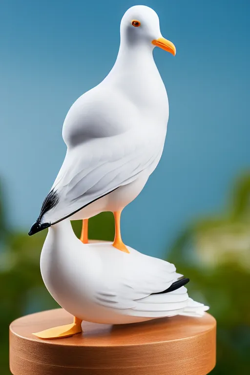 Prompt: figurine of seagull wearing an elegant summer blouse, personification, embodiment of concept, symbolization, official store photo, commercial photo, featured on amiami, lovecraftian, 8 k, 8 5 mm, beautiful composition, smooth curves