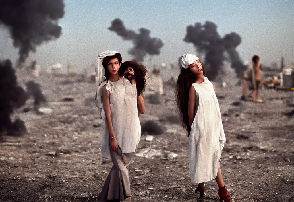 Image similar to portrait photograph fashion editorial in Kuwait oil fires 1991. super resolution. highly detailed. depth of field. high definition. 8k. photography.