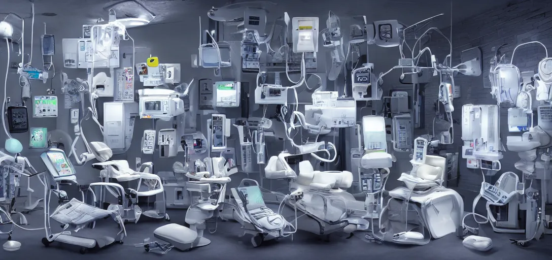 Prompt: a white highly technological dungeon with many fictional medical devices laying around