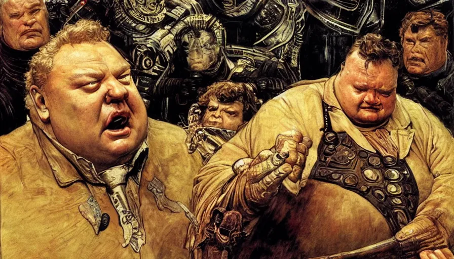 Image similar to movie scene of baron vladimir harkonnen in dune, by lawrence alma tadema and rick berry and norman rockwell and greg staples and jack kirby, directed by david lynch