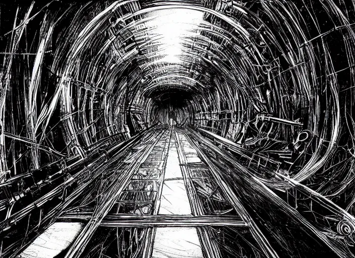 Image similar to light at the end of the tunnel by tsutomu nihei, inked, minute details, desolation, hyper realistic, cosmic horror, biomechanical, beautiful