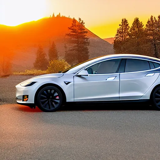 Prompt: a tesla car in central Oregon at sunset