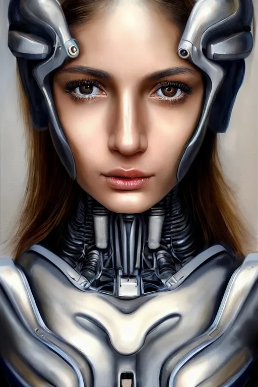 Prompt: a photorealistically painted portrait of an attractive young girl, partially clothed in cybernetic body armor, with an abstractly painted background, flawless olive skin, fair complexion, long dark hair, beautiful bone structure, perfectly symmetric facial features, perfect photorealistic eyes, natural physique, intricate, elegant, digital painting, concept art, finely detailed, beautifully illustrated, sharp focus, minimal artifacts, volumetric lighting, from Metal Gear, by Ruan Jia and Mandy Jurgens and Artgerm and William-Adolphe Bouguerea, in the style of Greg Rutkowski, trending on Artstation, award winning art