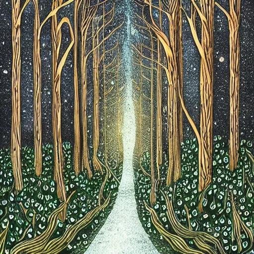 Prompt: bright nordic forest, sparkling spirits, detailed wide shot, ink, ground detailed, wet eyes reflecting into eyes reflecting into infinity, beautiful lighting