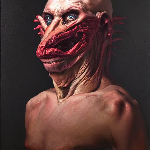 Image similar to oil painting by christian rex van minnen portrait of an extremely bizarre disturbing mutated man with intense chiaroscuro lighting perfect composition masterpiece intense emotion