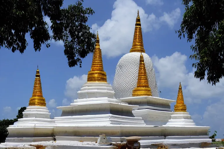 Prompt: sri lankan temple with white stupa, drawn by hayao miyazaki