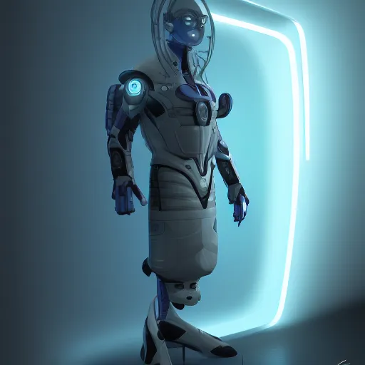 Prompt: a futuristic man standing in front of a blue light, a computer rendering by senior character artist, polycount, cobra, futuristic, concept art, sci-fi