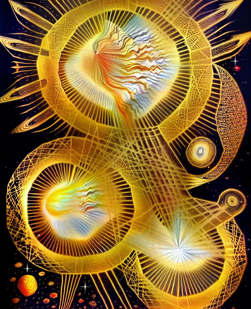 Image similar to a golden child radiates a unique canto'as above so below'while being ignited by the spirit of haeckel and robert fludd, breakthrough is iminent, glory be to the magic within, in honor of jupiter's day, painted by ronny khalil