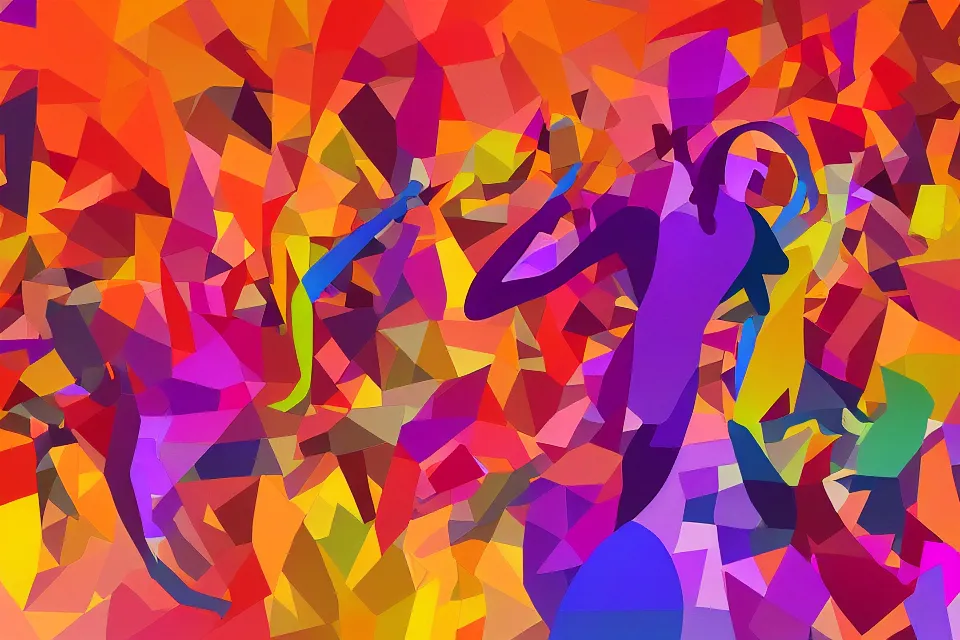 Image similar to a colorful, computer generated, abstract geometric intriguing render, abstract human figures dancing, autumnal colors