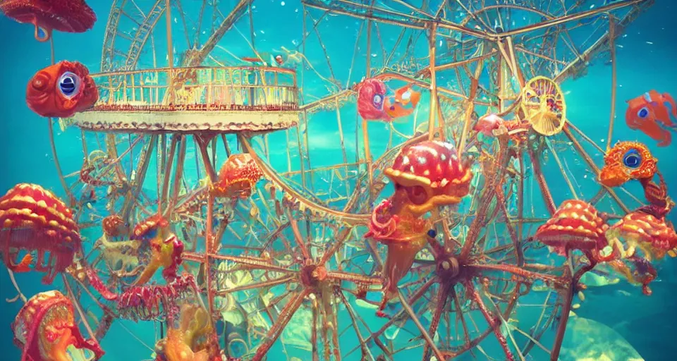 Image similar to underwater carnival, ferris wheel made of jellyfish, seahorse carousel, fish rides, beautiful, artstation, highly detailed,