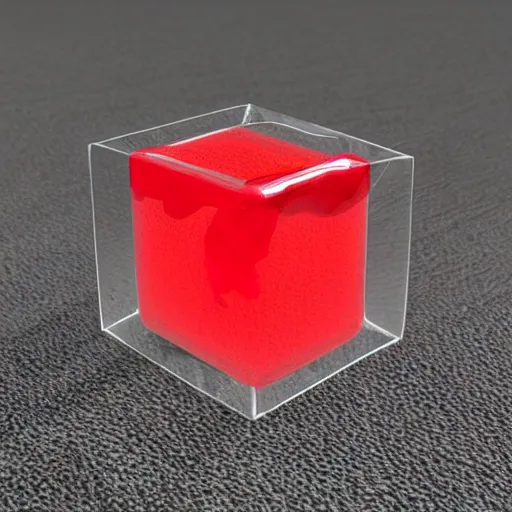 Prompt: transparent cube half filled with red liquid inside in a transparent sphere