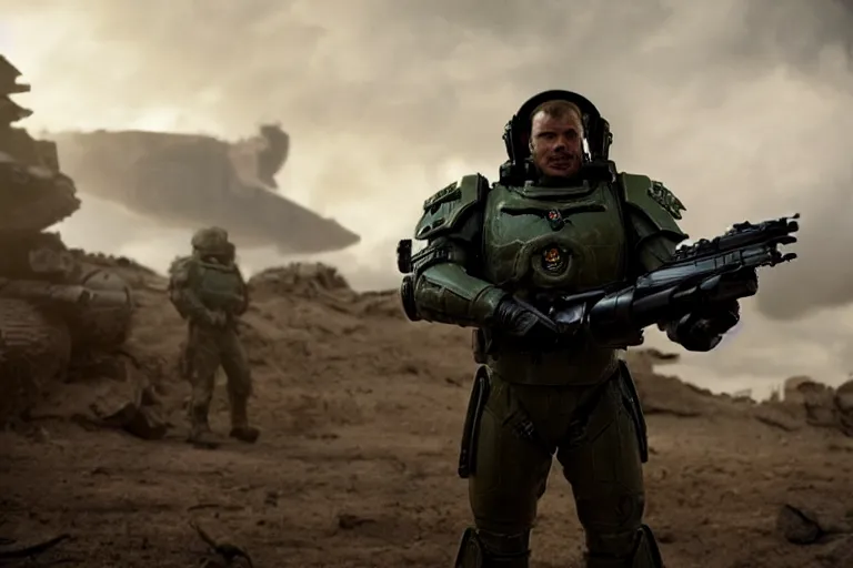 Image similar to VFX movie of a futuristic spacemarine in war zone, shooting gun natural lighting by Emmanuel Lubezki