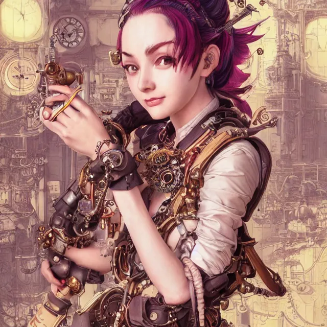 Prompt: the portrait of true neutral semi - colorful female steampunk mechanist as absurdly beautiful, gorgeous, elegant, young gravure idol, an ultrafine hyperdetailed illustration by kim jung gi, irakli nadar, intricate linework, bright colors, octopath traveler, final fantasy, unreal engine 5 highly rendered, global illumination, radiant light, detailed and intricate environment