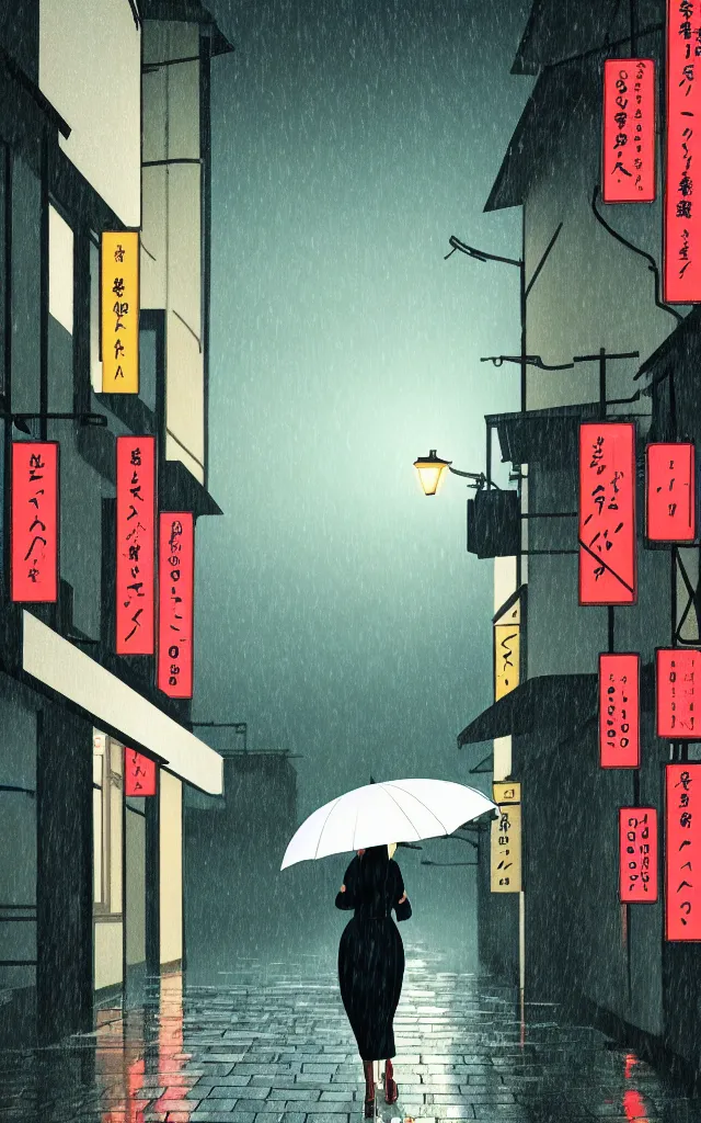 Image similar to a woman wearing a white dress walking on the wet street on a rainy night in kyoto by wes anderson and makoto shinkai. dramatic lighting. cel shading.