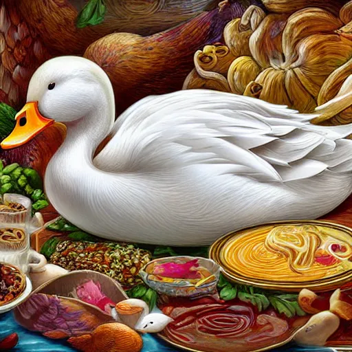 Prompt: digital art of a white duck sleeping, surrounded by a heaps of delicious food, in the style of intricate, rich, ornate, detailed texture work, soft lighting, rich colors, realistic