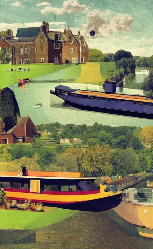 Prompt: a canal boat in the sunshine in the countryside of england, rule of thirds, clever design, decorative modern graphic design collage border, by hannah hoch and jesse treece and christian jackson and josh brill