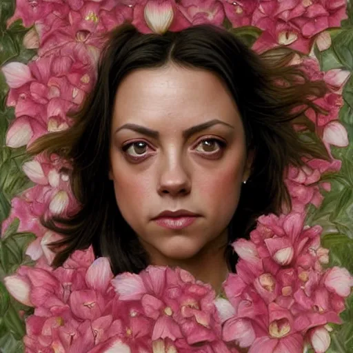 Image similar to pink petals with a ahape of a wonderful aubrey plaza and christina ricci and mila kunis and olivia newton john, intricate, elegant, highly detailed, wonderful eyes, sweet, digital painting, artstation, concept art, smooth, sharp focus, illustration, art by artgerm and greg rutkowski and alphonse mucha and william - adolphe bouguereau