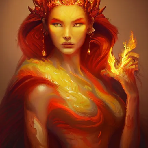 Prompt: A stunning painting of a flame goddess by Andrews Esao, fantasy, Trending on artstation.