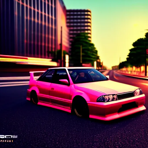 Image similar to a car drifting JZX100 in middle of road, shibuya prefecture, city sunset, cinematic color, photorealistic, highly detailed, bokeh, DOF, octane render