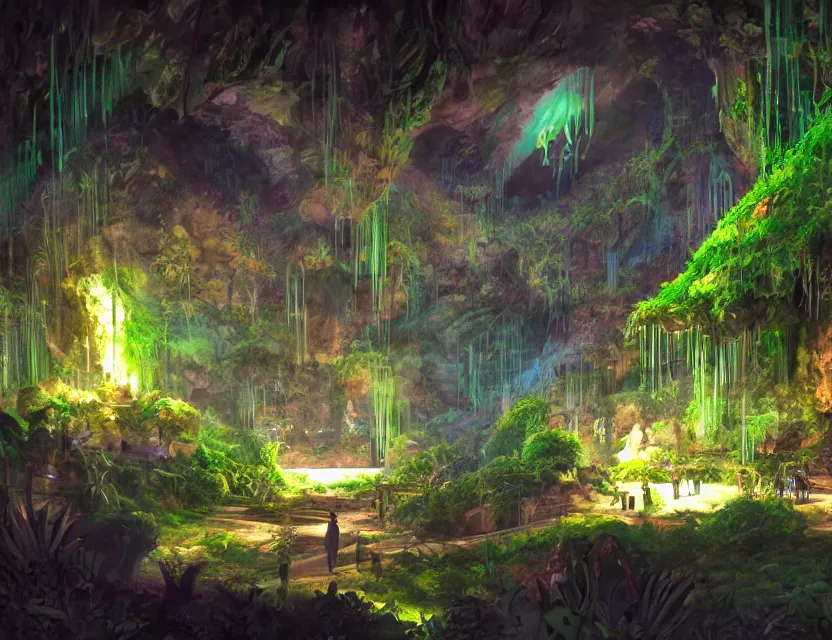 Image similar to futuristic nightclub in a dripstone cave with plants. oil painting by award - winning concept artist. backlighting, chiaroscuro, field of depth.