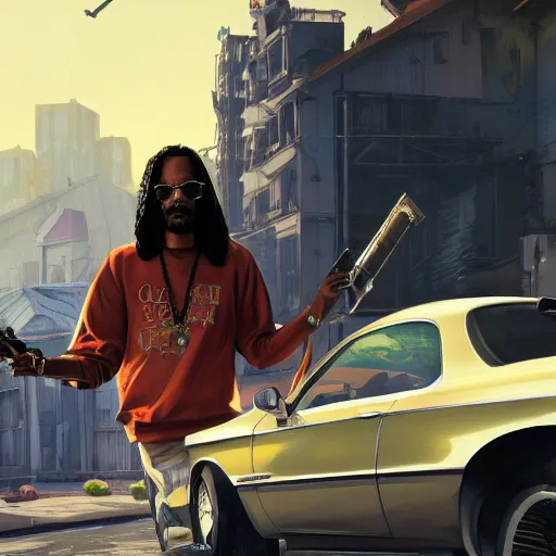 Prompt: Snoop Dog loading screen for Grand Theft Auto 5, intricate, highly detailed, digital painting, artstation, concept art, sharp focus, illustration, art by greg rutkowski and alphonse mucha