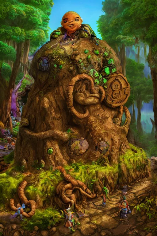 Image similar to zelda fantasy art giant golem elemental wood rock greeble gemstone enchanted forest troll, global illumination ray tracing hdr fanart arstation by sung choi and eric pfeiffer and gabriel garza and casper konefal bastion forged hardmesh lisa frank zbrush central radiating a glowing aura global illumination ray tracing hdr volume light