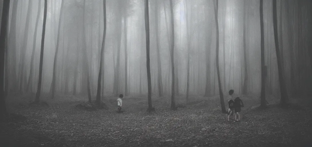 Prompt: children lost in mystic house in foggy forest, monochrome, analogue photo quality, blur, unfocus, cinematic, 35mm