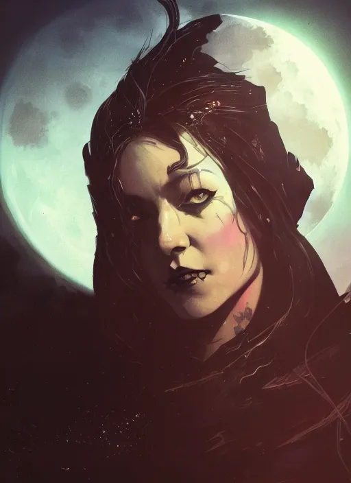 Prompt: portrait of Anna Millerstone as a Dark evil witch, big moon in the background, dramatic lighting, illustration by Greg rutkowski, yoji shinkawa, 4k, realistic photo art, concept art, trending on artstation