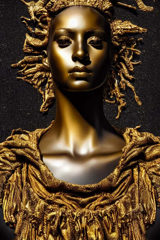 Image similar to hyperdetailed masterpiece portrait of a glossy black marble statue of a ballerina covered in gold metallic liquid in the style of virgil abloh, offwhite, heron prestorn, denoise, vogue, paris, fashion, louvre museum, highly detailed, realistic, hyperreal, 8 k, 4 k, render