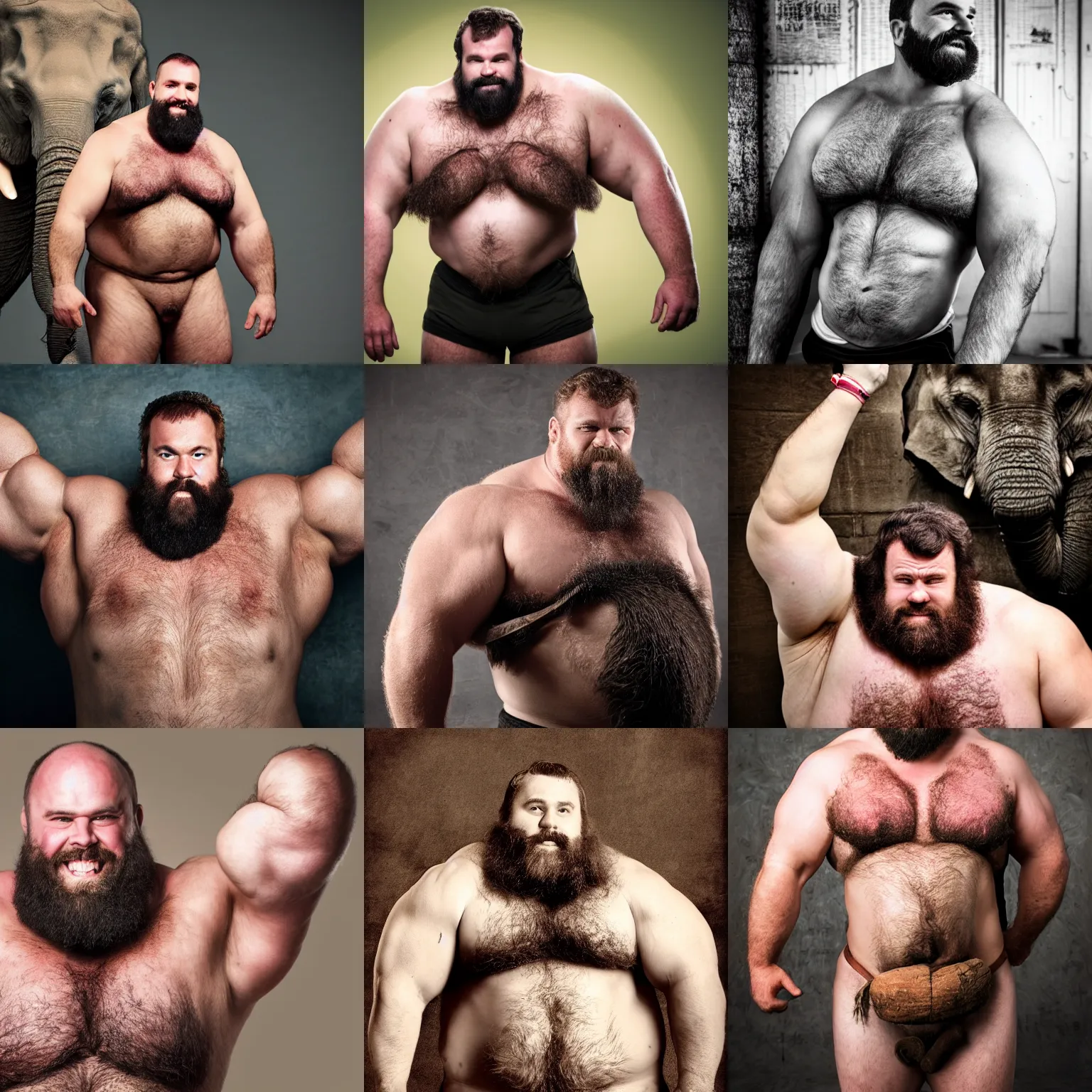 Prompt: thick burly hairy strongman with an elephant trunk, photography