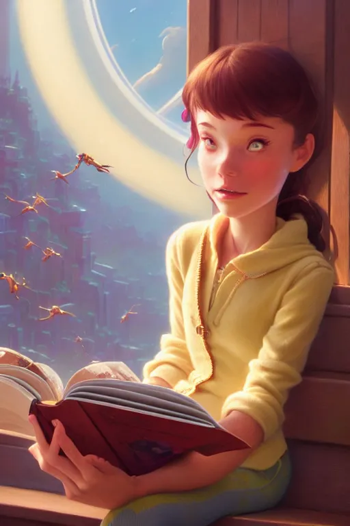 Image similar to highly detailed portrait of beautiful girl reading a book in toy story 3, dynamic pose, stephen bliss, unreal engine, fantasy art by greg rutkowski, loish, rhads, ferdinand knab, makoto shinkai and lois van baarle, ilya kuvshinov, rossdraws, tom bagshaw, global illumination, radiant light, detailed and intricate environment