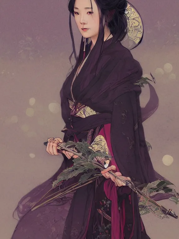 Prompt: beautiful seductive girl wearing hanfu, farm background, fantasy, d & d, dark eyeliner, intricate, elegant, highly detailed, digital painting, artstation, concept art, matte, sharp focus, illustration, art by greg rutkowski and alphonse mucha