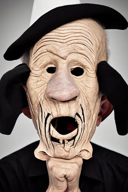 Image similar to portrait photo of an old wrinkled man, skinny face, bony face, long crooked nose, large gaping mouth, black pulcinella mask, masquerade mask, pointy conical hat, white wrinkled shirt, holding pizza, presenting pizza, close - up, skin blemishes, menacing, intimidating, masterpiece by jimmy nelson