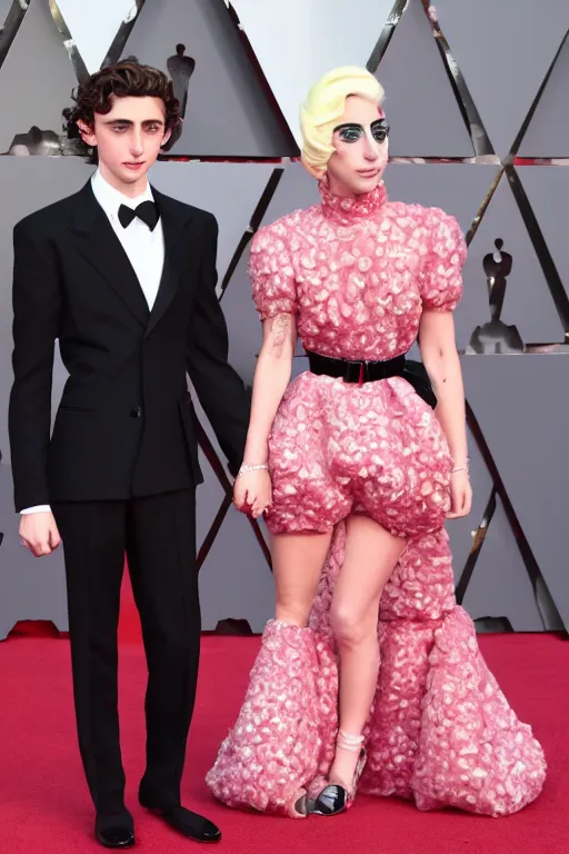 Image similar to timothee chalamet and lady gaga holding hands on the red carpet, beautiful detailed faces, high resolution, 4 k 8 k