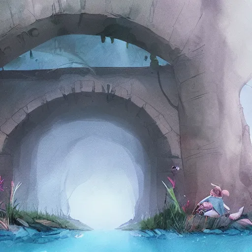 Prompt: magical tunnel inside the river and animals use it for crossing the river ,foggy ,dreamy , concept art trending on artstation, water color,