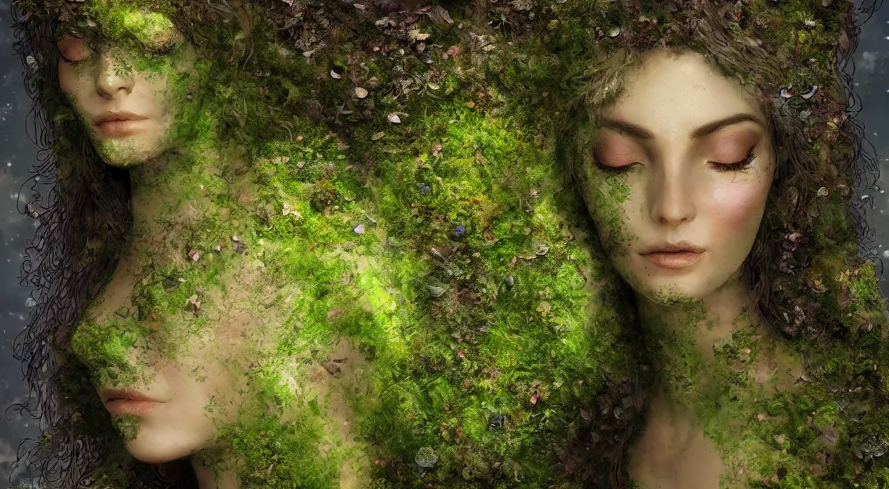 Prompt: Moss-covered Gaia goddess shedding a single tear, highly-detailed, elegant, dramatic lighting, artstation