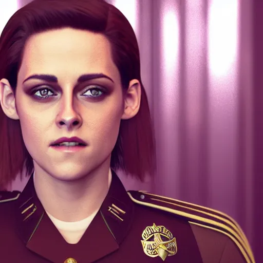 Image similar to Render of Kristen Stewart as Honor Harrington wearing an officer's uniform, cute 3d, long brown hair, brown eyes, soft smile, golden hour, aboard a starship, medium shot, mid-shot, trending on Artstation, Unreal Engine 4k