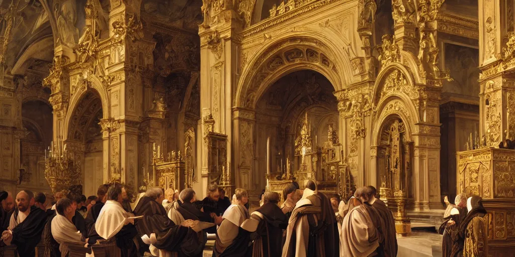 Prompt: beautiful oil matte portrait painting, priests holding a church ceremony inside a baroque cathedral, wonderful masterpiece highly detailed, beautiful cinematic light deep focus, elegant, digital painting, smooth, sharp focus, golden ratio, dramatic illumination, ultra realistic, 8 k, art by giovanni bellini and caravaggio